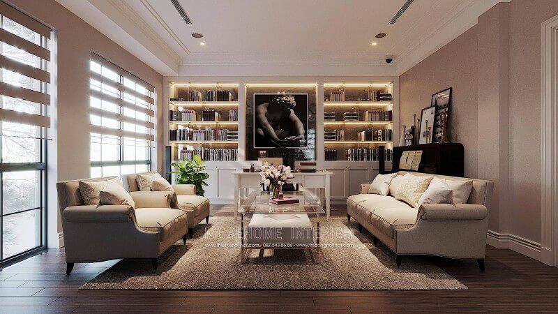 Mẫu sofa tân cổ điển bọc vải nhập khẩu cao cấp, nhẹ nhàng mà tinh tế cho phòng làm việc tại nhà của biệt thự ciputra tây hồ hà nội