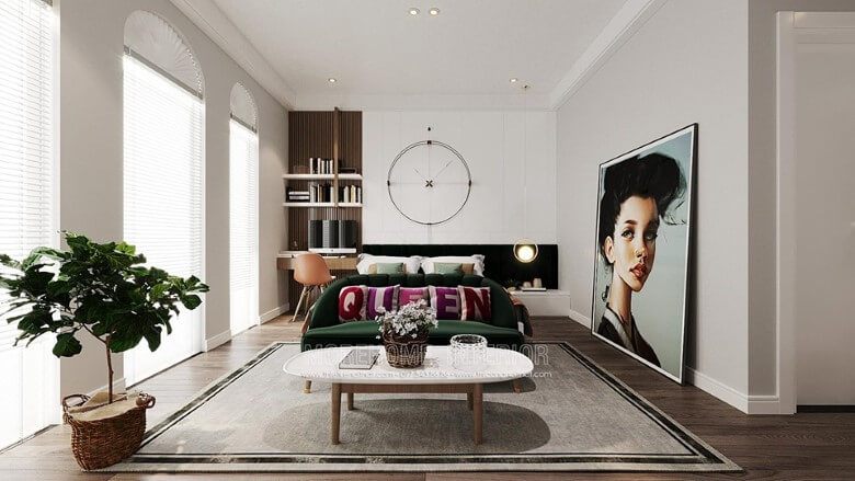 Bàn làm việc nhỏ xinh được thiết kế kết hợp với giá sách đơn giản, giúp gia chủ quản lý công việc cũng như sử dụng các quyển sách một cách thuận tiện